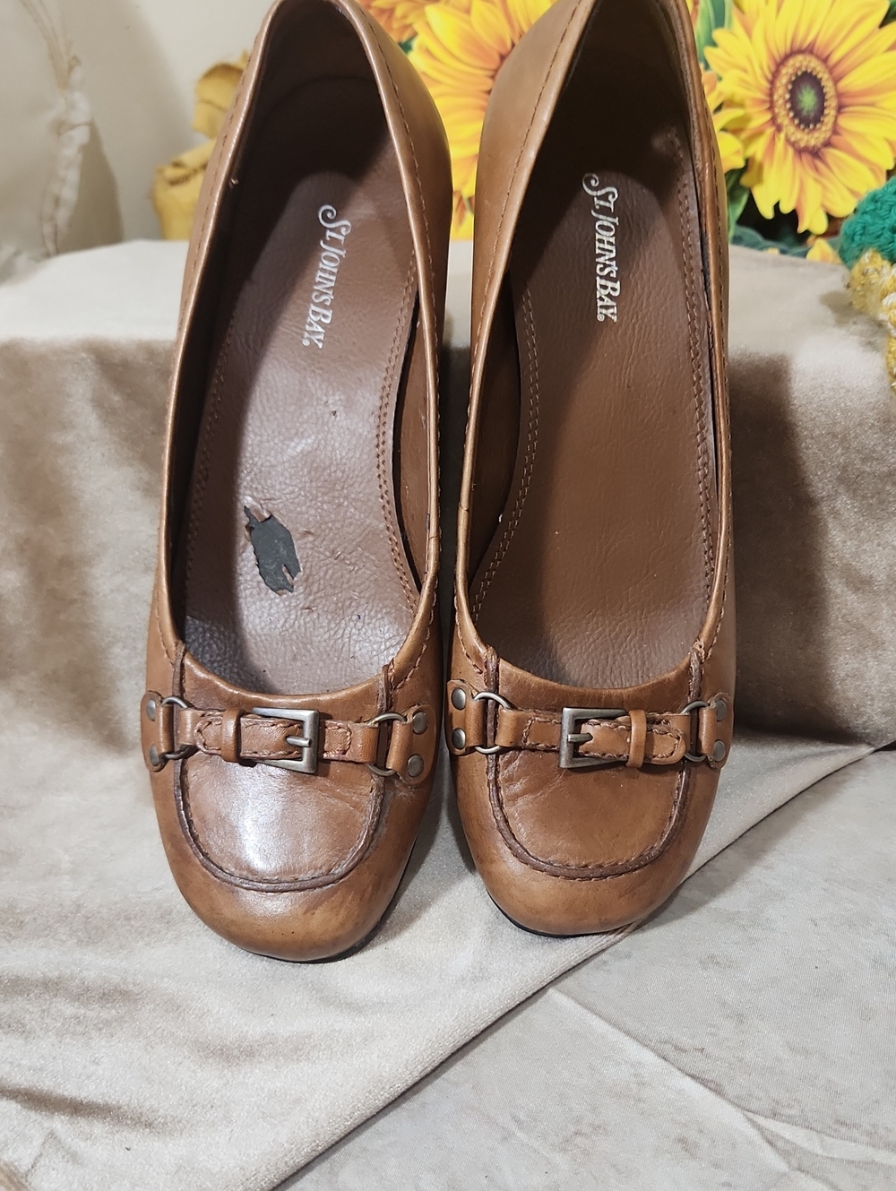 St. John's Bay Brown Leather Heeled Loafers with Buckle